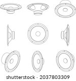 Vector car loud speakers - different views, line art