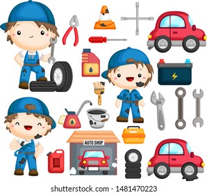 a vector of a car mechanic with many tools