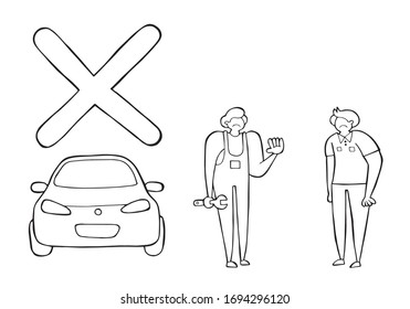 Vector car mechanic was unable to repair the car and said negatively. The customer is also very upset. Hand drawn illustration. Black outlines and white background.
