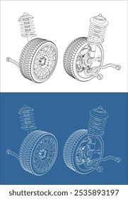 vector car mechanical suspension with tire, rim, brake, caliper and suspension blueprint technical drawing isolated on transparent background