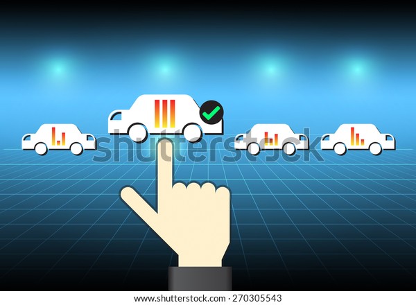 Vector of car\
model and hand on dark\
background.