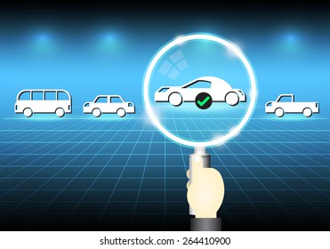 Vector of car model and magnifier on dark background.