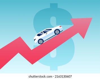 Vector of a car on a growing financial graph arrow with dollar symbol on background 