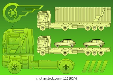 Vector car on trailer, transports machines, illustration in green