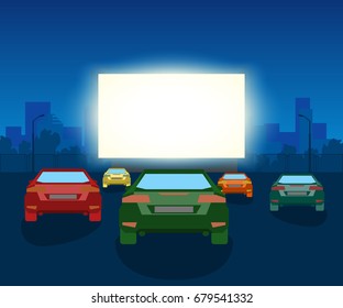 Vector Car Open Air Cinema. Vintage Illustration With Cars And Night City, Romantic Event