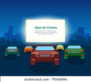 Vector Car Open Air Cinema Card Poster. Vintage Illustration With Cars And Night City, Romantic Event