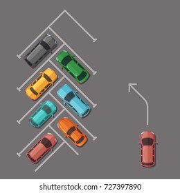Vector car parking on a parking lot with other whicles top view illustration