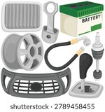 Vector car parts clipart set with battery, piston, wheel rim, bumper grille, air filter, spark plug, cable and gear shift, isolated on white background, auto repair design