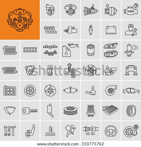 Vector car parts set outline icons 