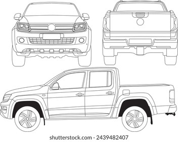 Vector car pickup Amarok double cabim line art from views side back front