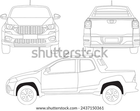 Vector car pickup Fiat ram 700 strada double cabim line art from views side back front