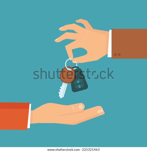 Vector car rental or sale concept in flat style -\
hand holding car key