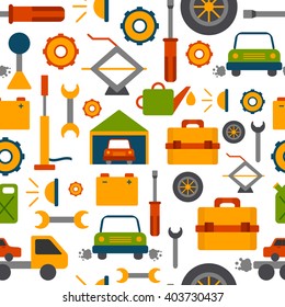 Vector car repair background. Cartoon cute objects for car design. Car service or garage concept. Equipment, tools, objects for break car work. Vector cartoon car repair illustration