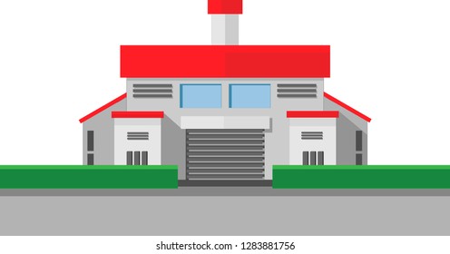 The vector car repair center or industrial white and red color front side on white background  isolated had empty for add text.
