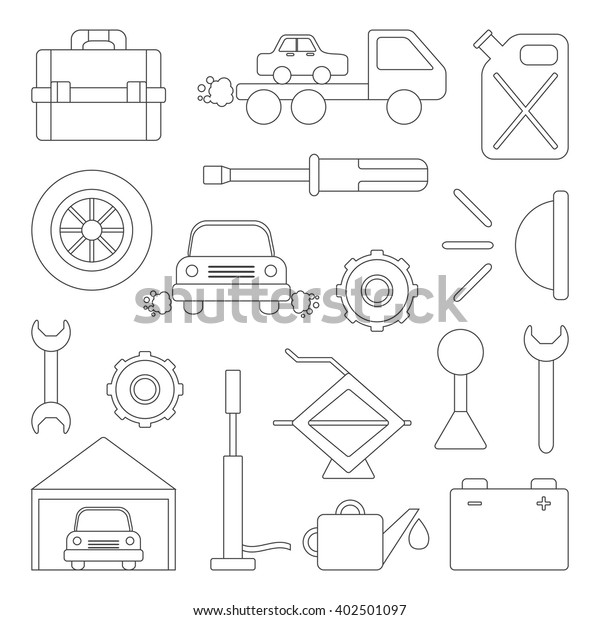 Vector car repair icons. Cartoon outline\
objects for car repair design. Car service or garage concept.\
Equipment, tools, objects for break car work. Vector outline\
cartoon car repair\
illustration