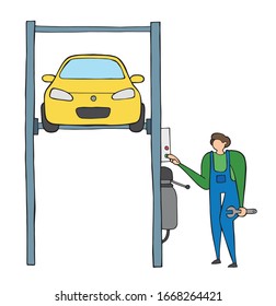Vector car repair, repairman lifted car on auto lift. Hand drawn illustration. Black outlines and colored.