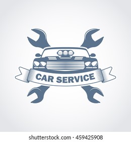 vector car service logo in retro style; garage sport cars repair label, transport tuning and repair service icon