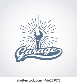 vector car service logo in retro style; garage automotive repair label, transport tuning and repair service icon