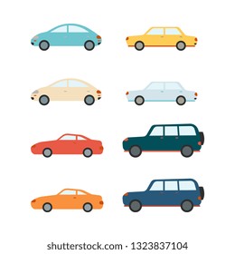 Vector car set. Colored sedans and SUV vehicles collection. Urban cityscape decoration design icons. Passenger trasportation objects, modern cars on isolated background