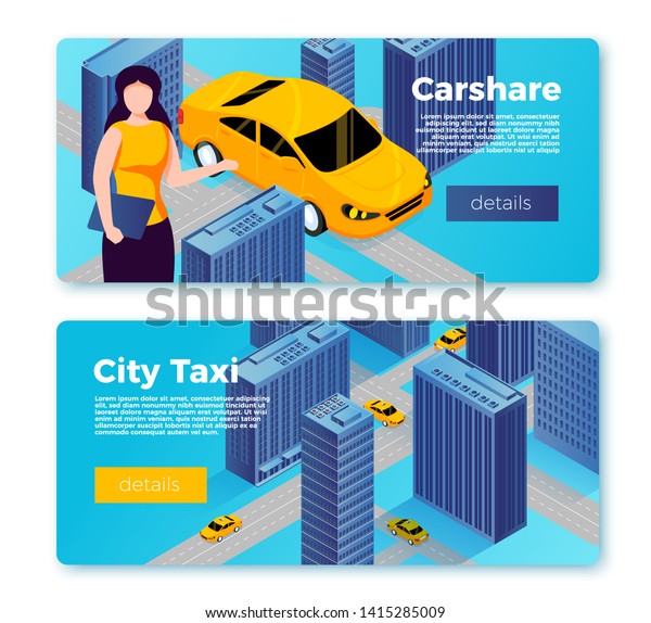 Vector car share and taxi service banner templates\
concept, girl offering to share cab and city map with drivers. With\
place for your text