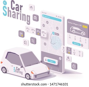Vector car sharing, hire or car rental app concept. Smartphone with map and navigation to closest automobile, vehicle selection menu, booking and payment