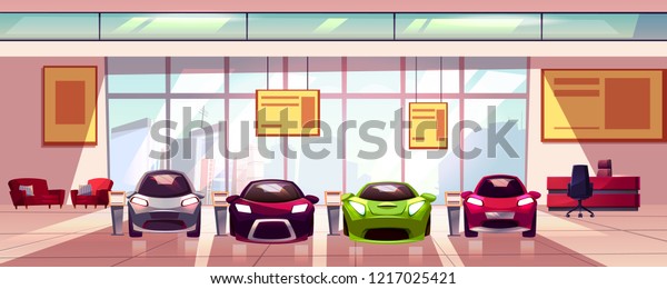 Vector car showroom - new auto dealership in big\
room. Hall with shop window, glass showcase. Urban business, sale\
of vehicles, sport transport. Car rental agency interior,\
horizontal banner