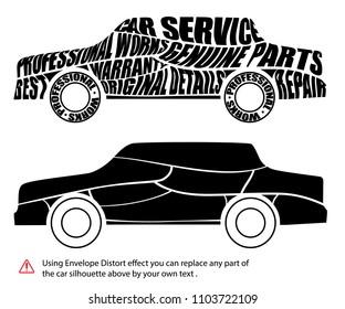 Vector car silhouette with distorted words and text modified by envelope distort effect. Car maintenence and repair service with warranty concept image. Automobile industry vector text shape design