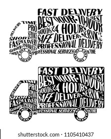 Vector car silhouette with distorted words and text modified by envelope distort effect. Truck delivery services shipping concept image. Automobile industry vector news paper text dipography design