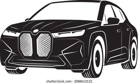 Vector Car Silhouette. New Electric Car Of The European Brand. Premium Styling, Comfort And Driving Pleasure. Chief On The Road. A Minimalist Hand-drawn Sketch.