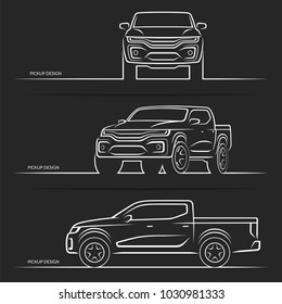 Vector car silhouettes. Front, side and perspective view of off-road suv pickup truck