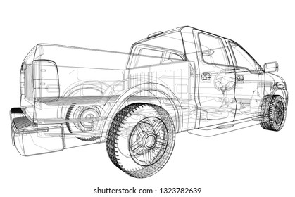 Vector car silhouettes. Vector rendering of 3d. Wire-frame style. The layers of visible and invisible lines are separated