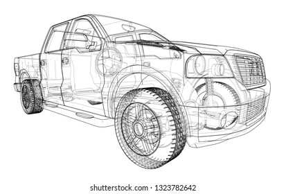 Vector car silhouettes. Vector rendering of 3d. Wire-frame style. The layers of visible and invisible lines are separated