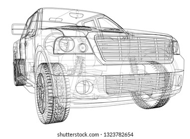 Vector car silhouettes. Vector rendering of 3d. Wire-frame style. The layers of visible and invisible lines are separated