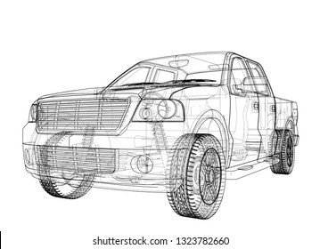 Vector car silhouettes. Vector rendering of 3d. Wire-frame style. The layers of visible and invisible lines are separated
