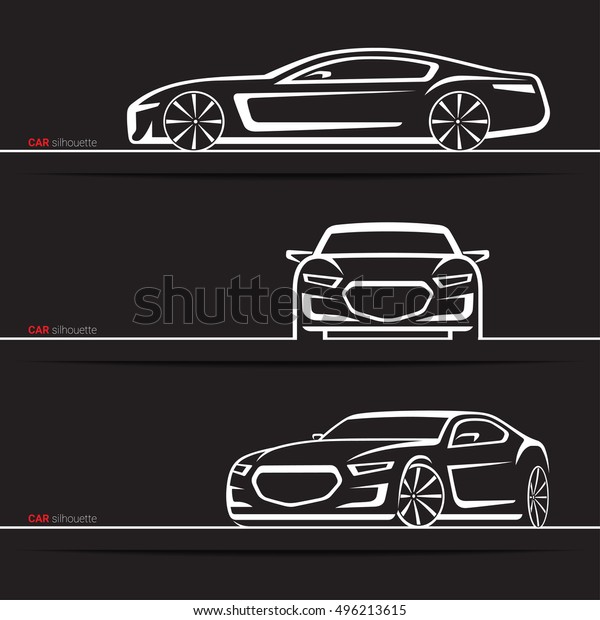 Vector car silhouettes set. Modern luxury\
sedan. Front, 3/4 and side views. Abstract hand-drawn vehicle\
isolated on black\
background