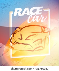 Vector car sketch isolated. Hand drawn car body. Auto advertising, poster, placard, business card, leaflet. Car rent, auto repair, auto saloon logo, insignia. Ink drawing.