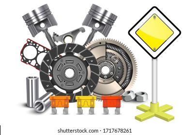 Vector Car Spares Concept. Car parts. Technical design. Vector illustration.