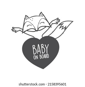 Vector car sticker baby fox and heart with text BABY ON BOARD. Isolated on white background.
