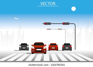 vector a lot of car stopping on the road on traffic light junction.car diving on the street.traffic jam