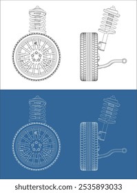 suspensão de veículo vetorial com pneu, jante, travão, paquímetro e plano de suspensão, desenho técnico isolado sobre fundo transparente