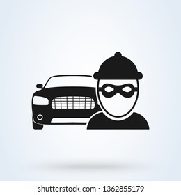 Vector Car Thief Icon. Thief Steals Car, Insurance. Flat Design Vector Illustration