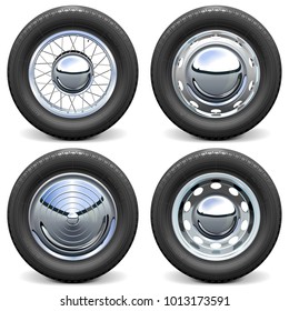 Vector Car Tires with Chrome Disks isolated on white background