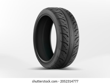 Vector car tires isolated on white background. Without aluminum wheel rim. Racing in the style of car tires. Black tire in isometric view without a cast disc.