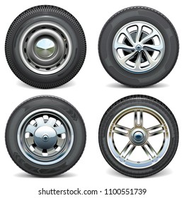 Vector Car Tires with Retro and Modern Disks isolated on white background