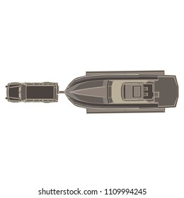 Vector car trailer with boat flat icon isolated top view illustration. Big black delivery flatbed truck tourism