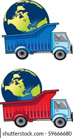 Vector car - truck with planet earth our world cargo. Conceptual button or icon.
