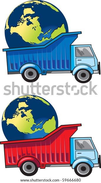 Vector car - truck with planet earth our world\
cargo. Conceptual button or\
icon.