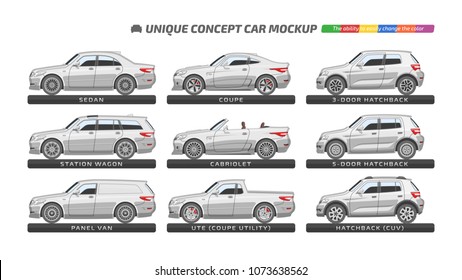 Vector car type template with unique concept isolated sedan, station wagon, hatchback, coupe and cabriolet mockup. Vehicle branding and advertising blank. The ability to easily change the color.