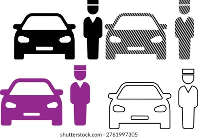 Vector car and valet parking attendant icons set with a set of vector icons