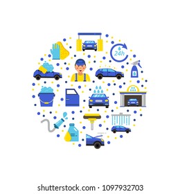 Vector car wash flat icons in circle illustration isolated on white background